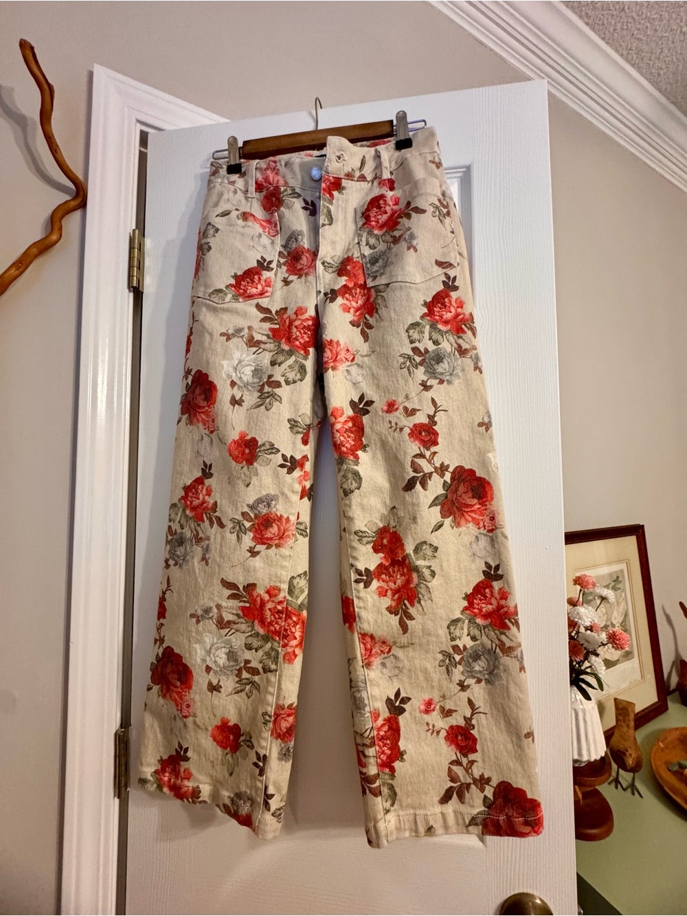 High-Rise Cream Wide-Leg Jeans with Red Rose Print